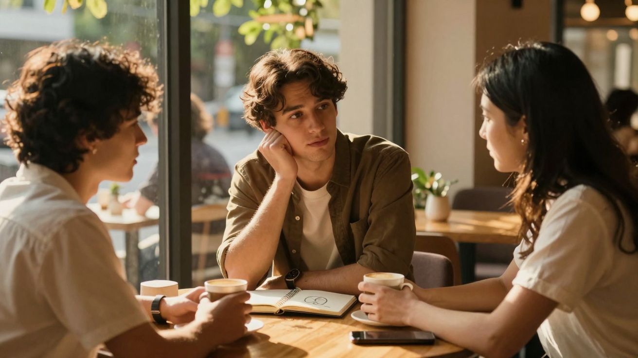Três jovens sentados num café, conversando e segurando chávenas de café numa mesa com luz natural.
