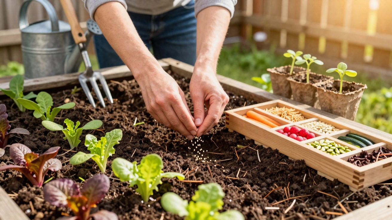Mãos a semear sementes em canteiro com plantas jovens e caixa de sementes variadas ao lado, jardim ensolarado.