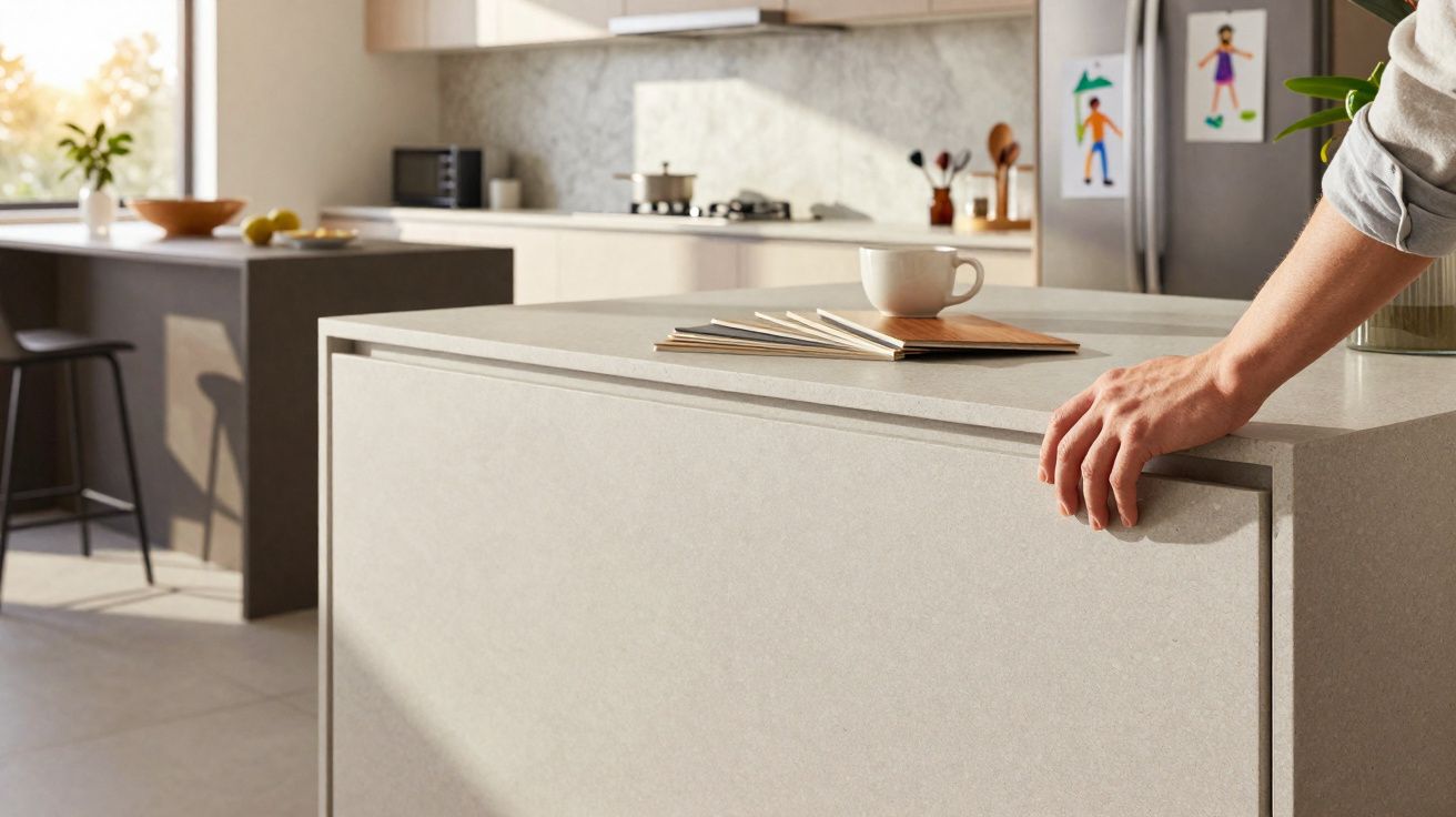 Cozinha moderna com ilha central bege, mão pousada, livros e chávena em cima, luz natural a entrar pela janela.