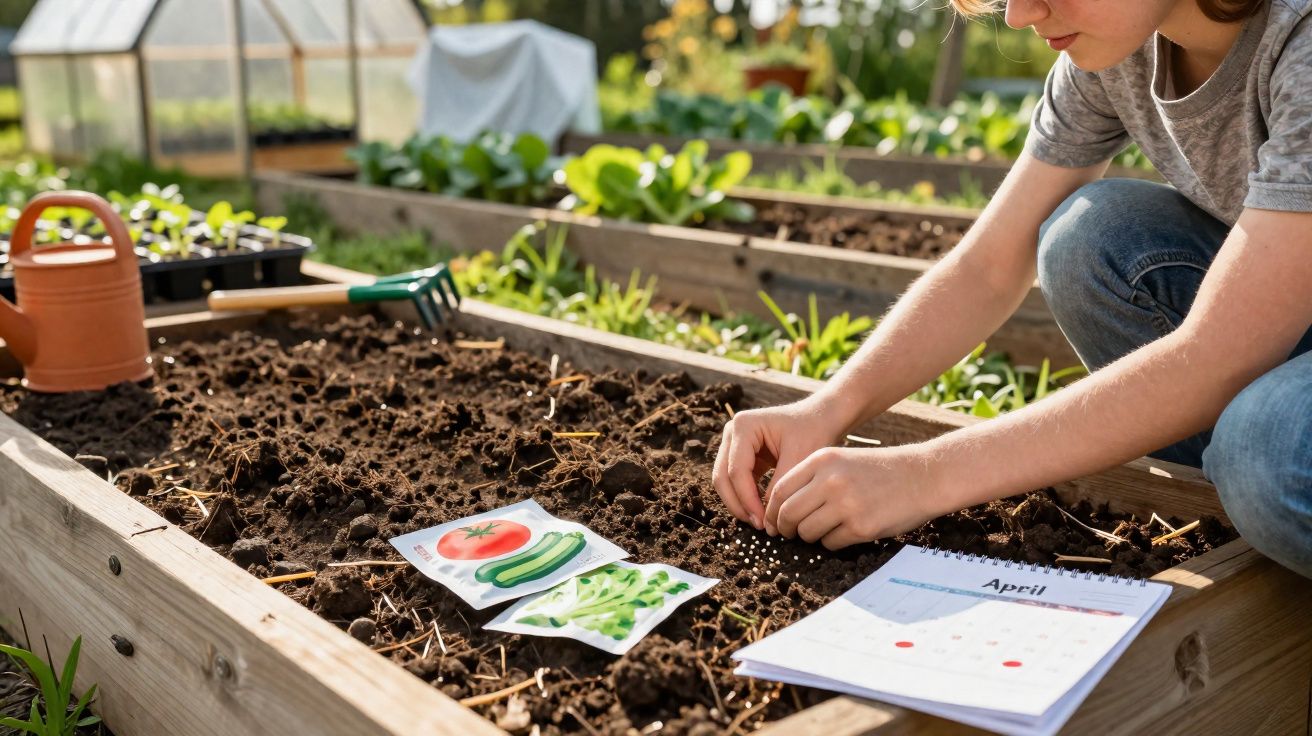 Pessoa a plantar sementes num canteiro de terra com pacotes de sementes e calendário ao lado.