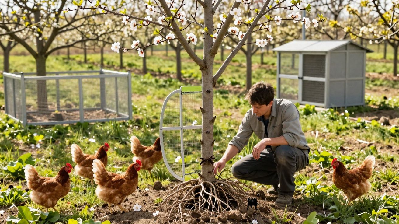Homem cuida das raízes de uma árvore em pomar com galinhas a circular pelo chão florido.