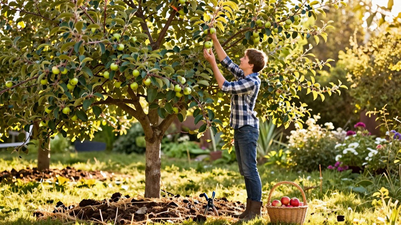 Rapaz a apanhar maçãs verdes de uma macieira num jardim ensolarado com cesta de maçãs.