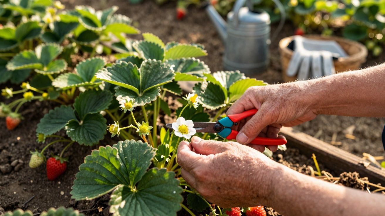 Mãos a podar flores de planta de morango no jardim com morangos maduros e ferramentas ao fundo.