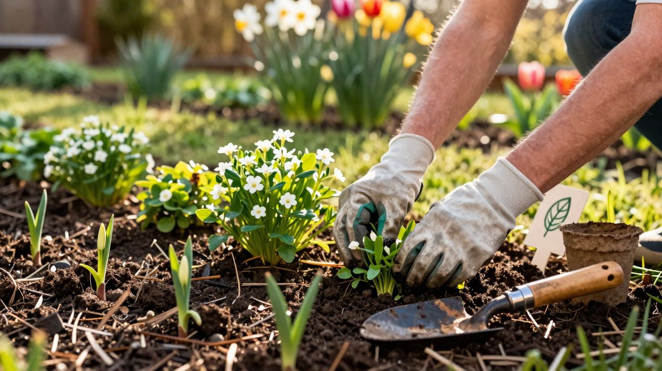 Pessoa a plantar flores brancas num jardim com luvas, e ferramentas de jardinagem ao lado.