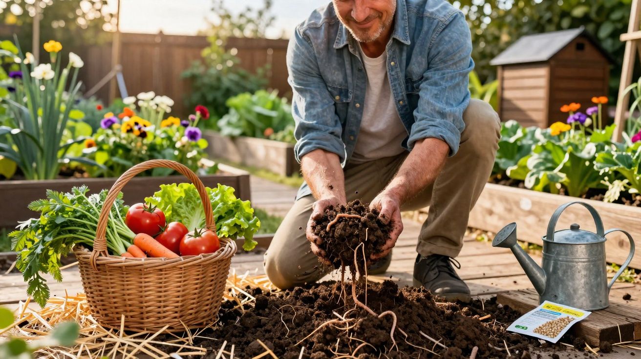Homem a cuidar de plantas num jardim com cesto de vegetais frescos e regador ao lado.