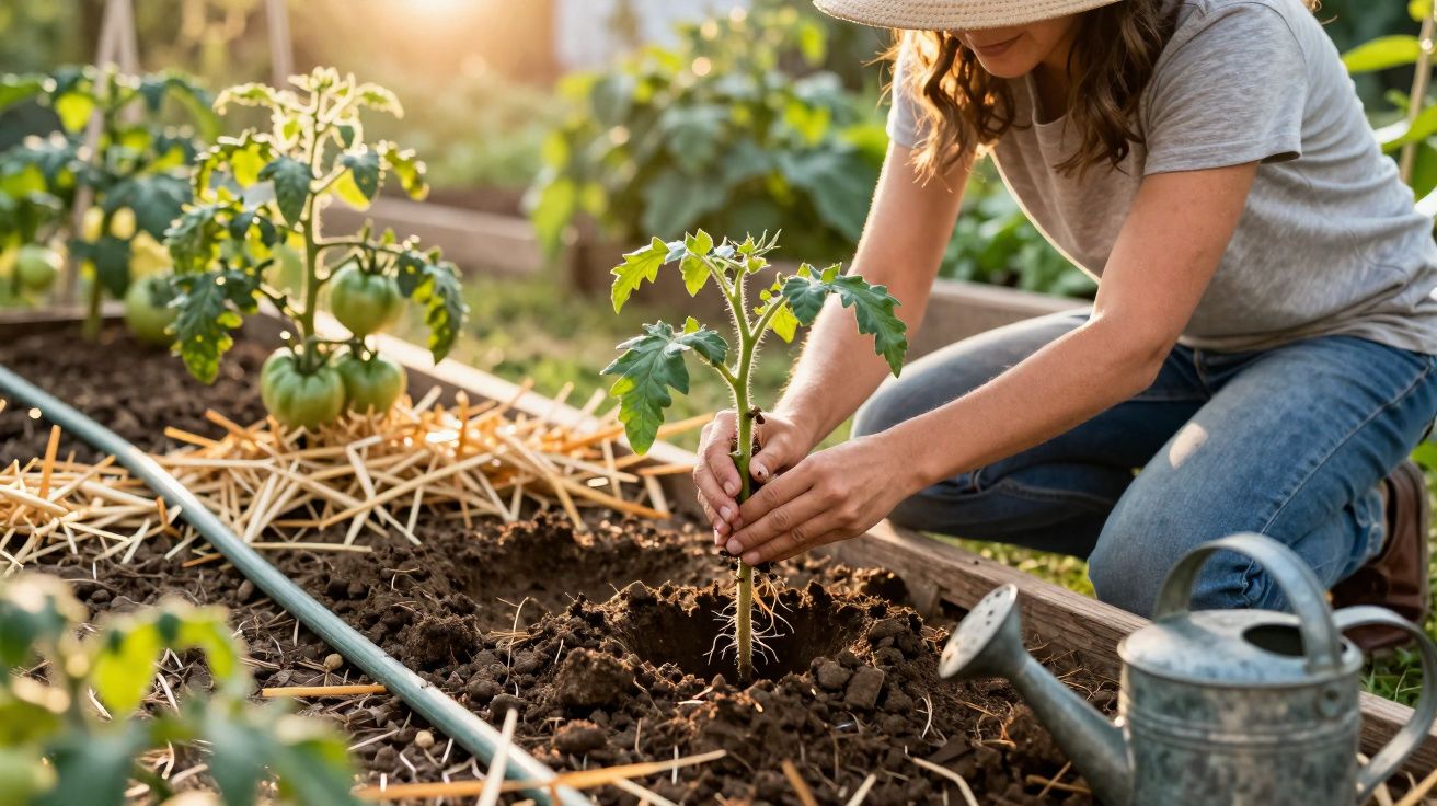 Pessoa a plantar uma muda de tomateiro num canteiro de jardim ao ar livre ao pôr do sol.
