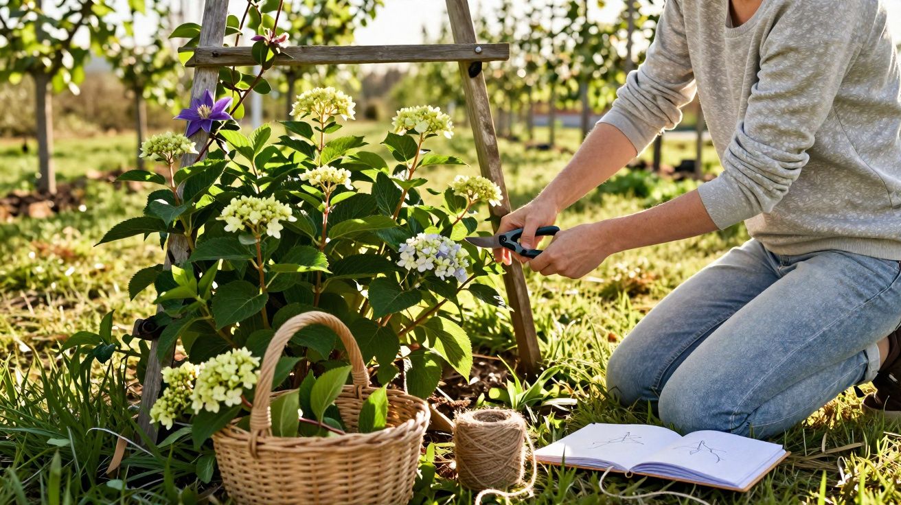 Pessoa a podar flores brancas num jardim ensolarado, com cesta e caderno ao lado.