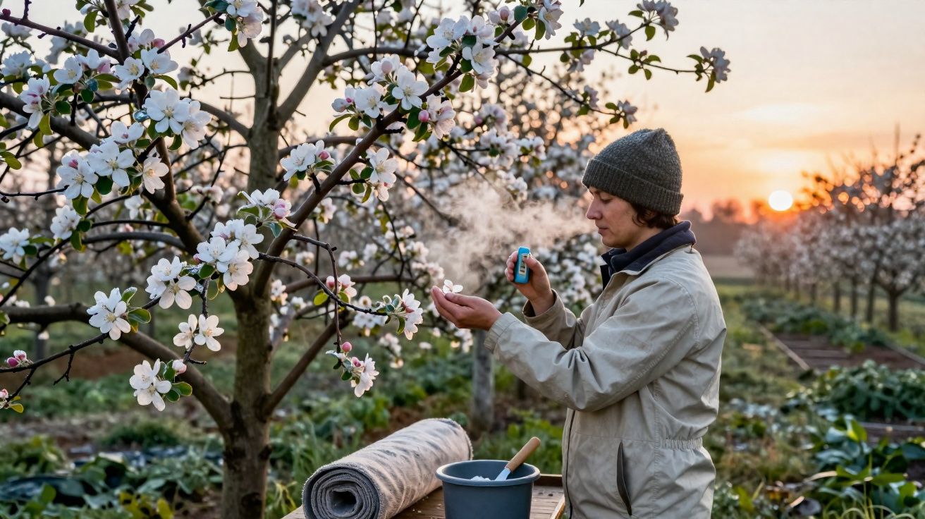 Pessoa pulverizando flores de macieira num pomar ao pôr do sol, com roupas quentes e touca.