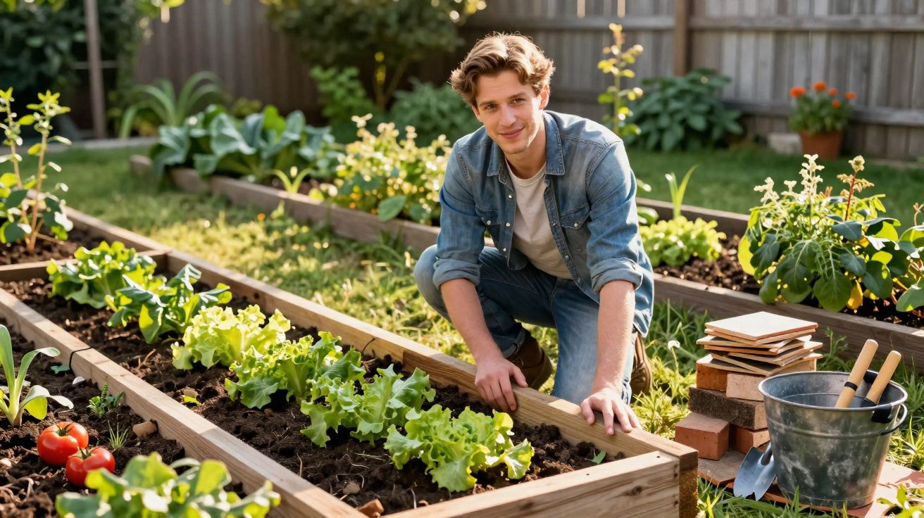 Homem sorridente a cuidar de uma horta com várias plantas e legumes em canteiros de madeira.