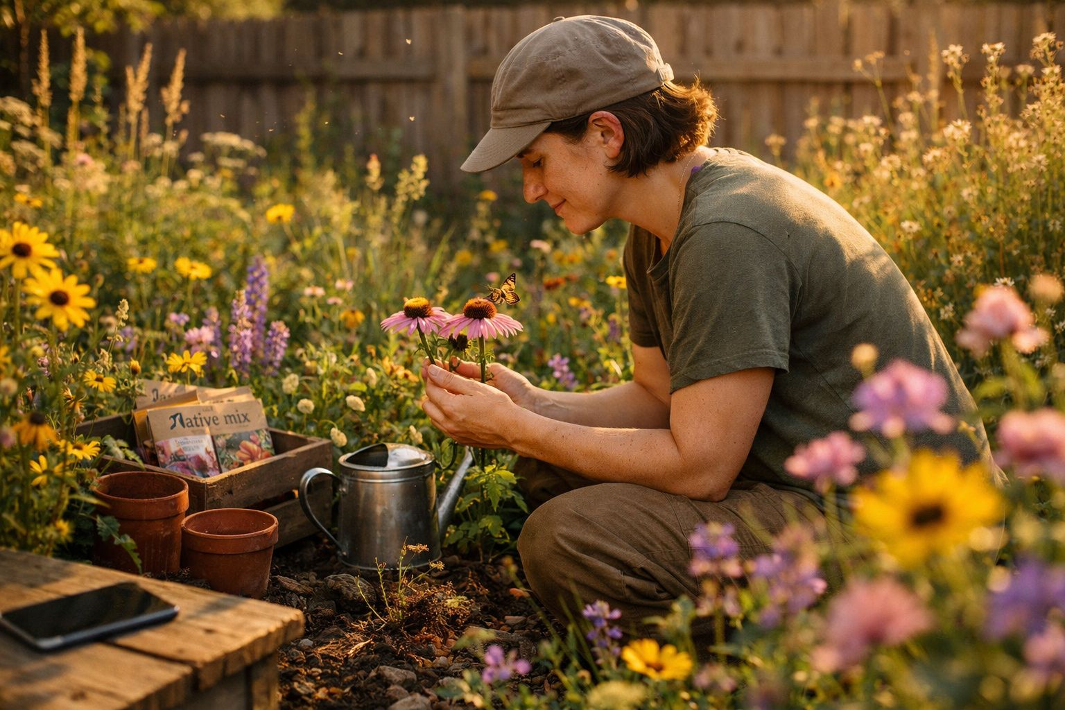 Pessoa a cuidar de flores num jardim florido ao final da tarde com regador e sementes ao lado.