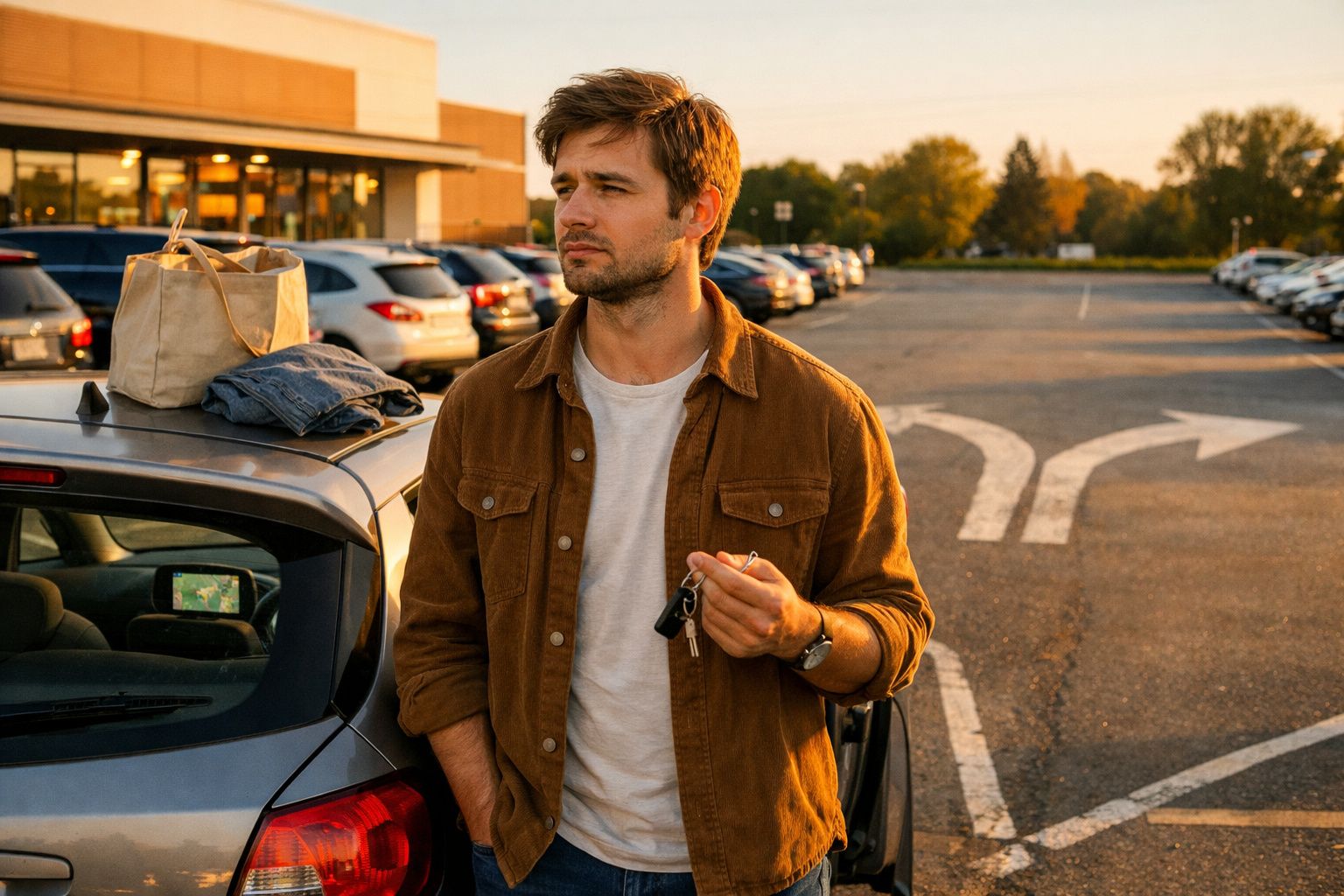 Homem com casaco castanho segura chaves junto a carro com sacola e roupa no tejadilho, em parque de estacionamento.