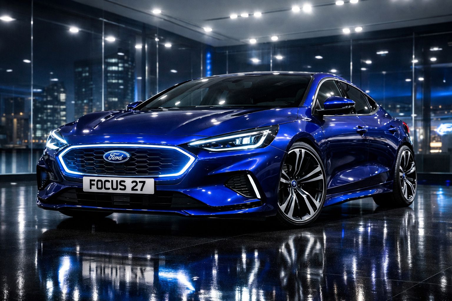 Carro desportivo azul Ford Focus 27, apresentado em ambiente urbano iluminado à noite.