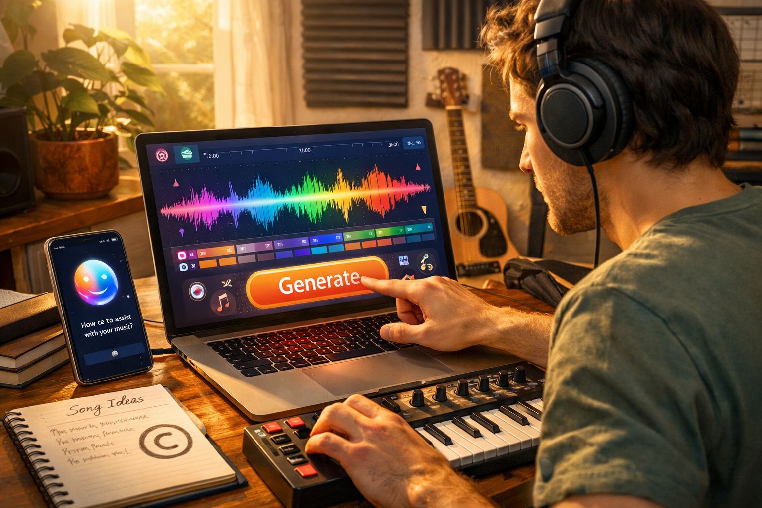 Homem com auscultadores usa software de criação musical num portátil, com telemóvel e teclado MIDI numa secretária.