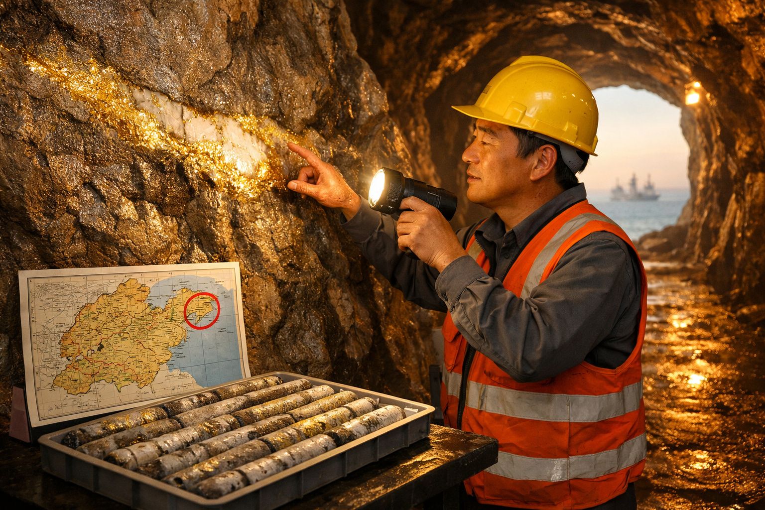 Homem com capacete e colete a examinar veios de ouro numa mina subterrânea com lanterna na mão.