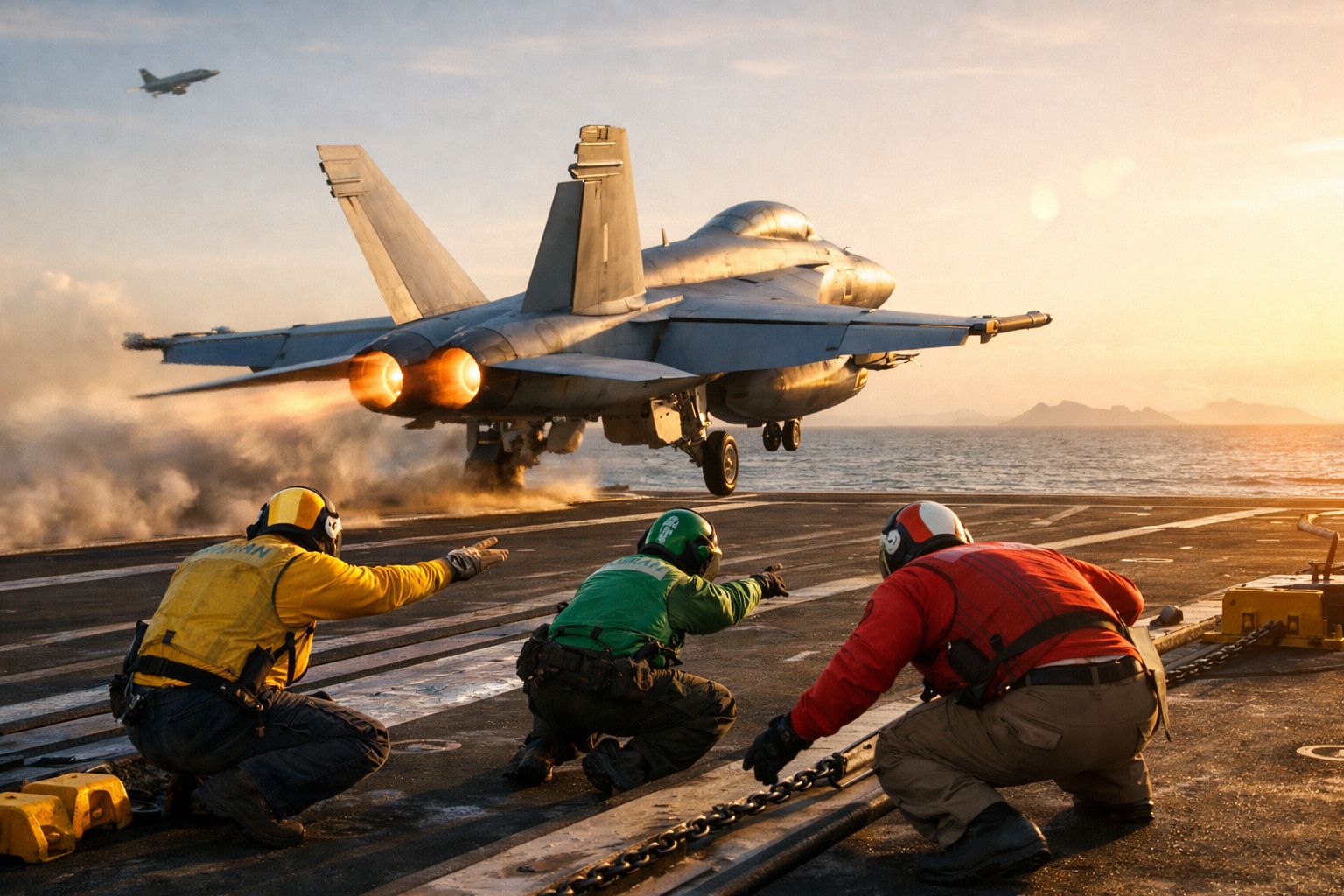 Caça militar a descolar da proa de um porta-aviões com três militares em posição de comando na pista.