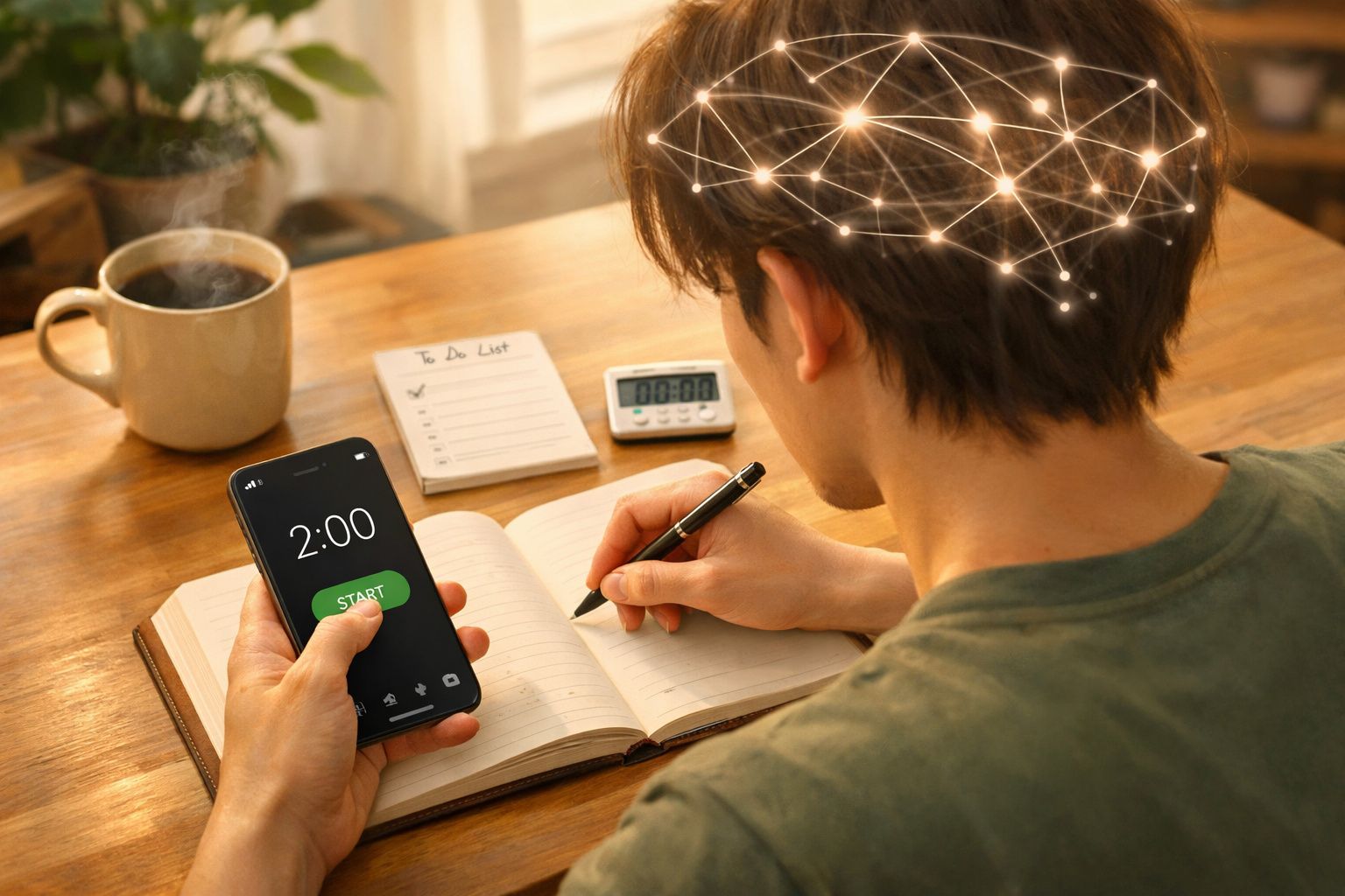 Pessoa a usar temporizador no telemóvel enquanto escreve num caderno, com uma chávena e lista de tarefas na secretária.