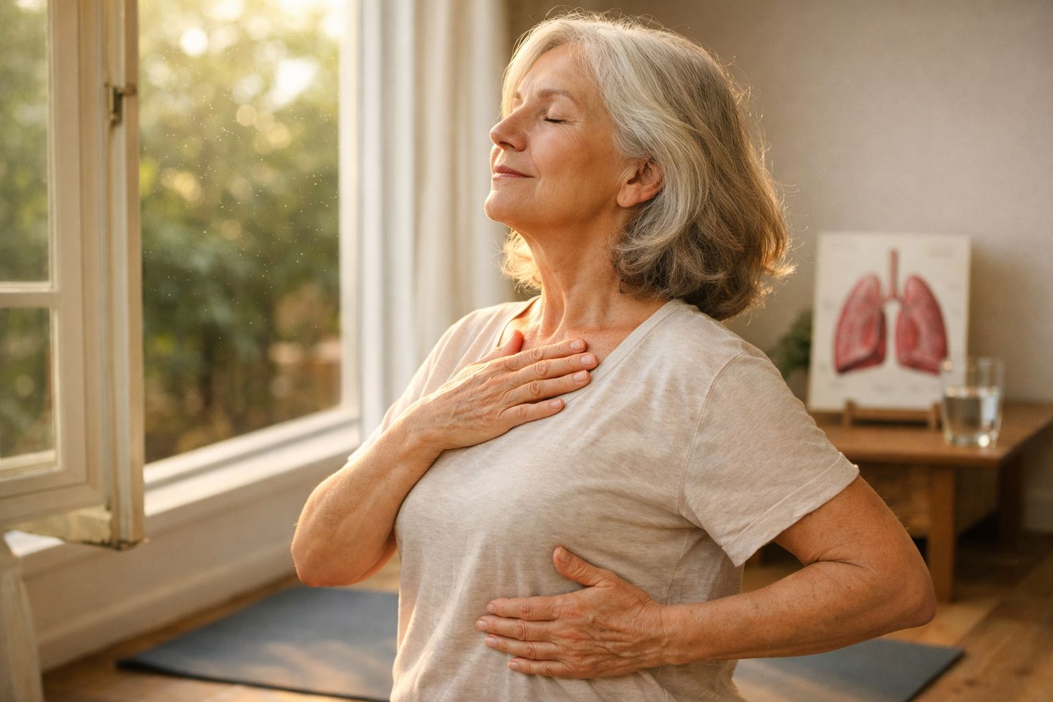 Mulher madura a praticar respiração profunda junto a uma janela aberta numa sala iluminada.