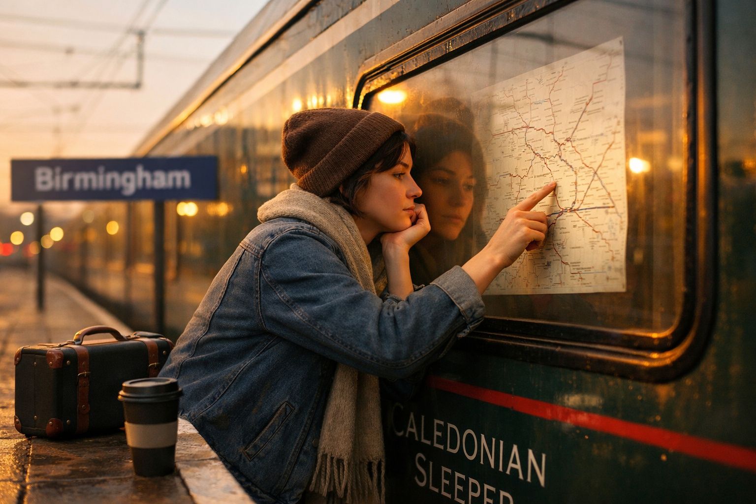 Jovem com gorro e cachecol consulta mapa num comboio parado na estação de Birmingham ao entardecer.