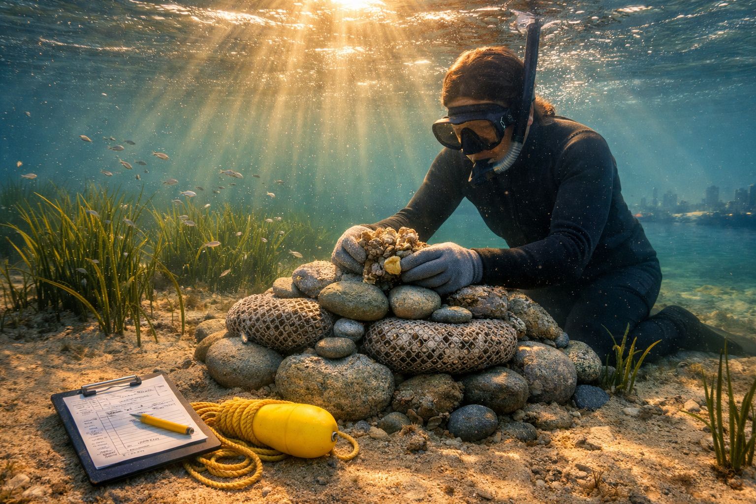 Mergulhador com fato húmido recolhe sentinelas marinhas em estrutura de pedras no fundo do mar com luz solar.