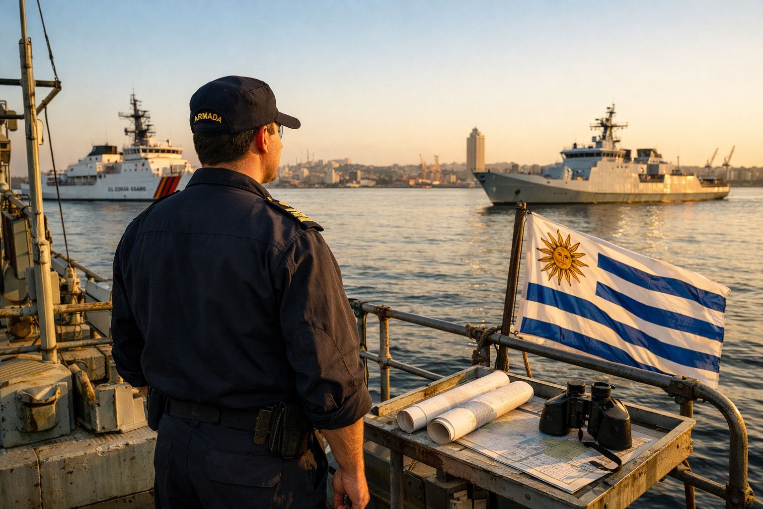 Militar da marinha uruguaia observa navios no porto ao pôr do sol, com bandeira do Uruguai visível.
