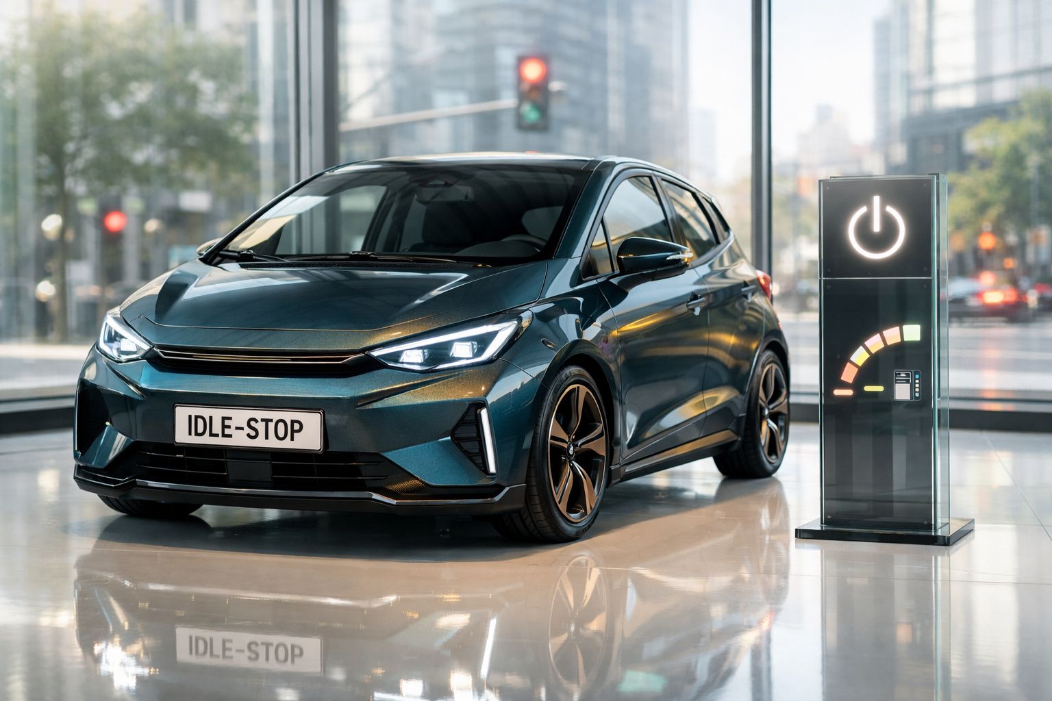 Carro elétrico cinzento metálico com luzes acesas numa exposição urbana moderna.