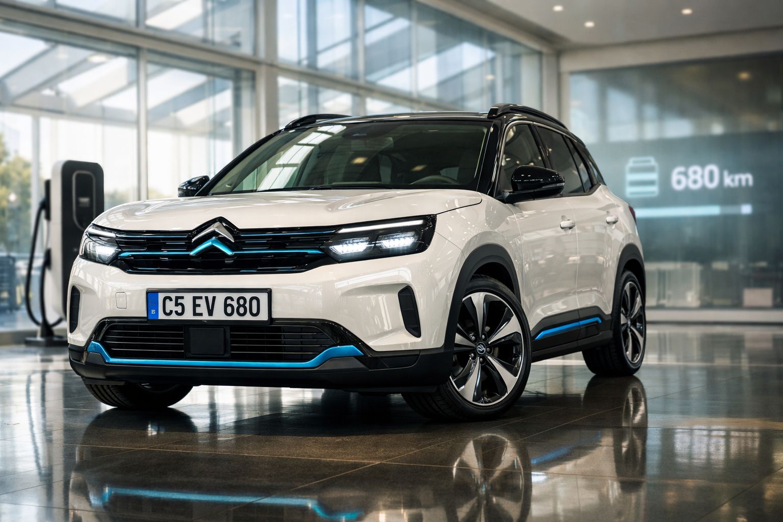 Carro elétrico Citroën C5 EV branco em destaque dentro de concessionária com indicador de autonomia de 680 km.