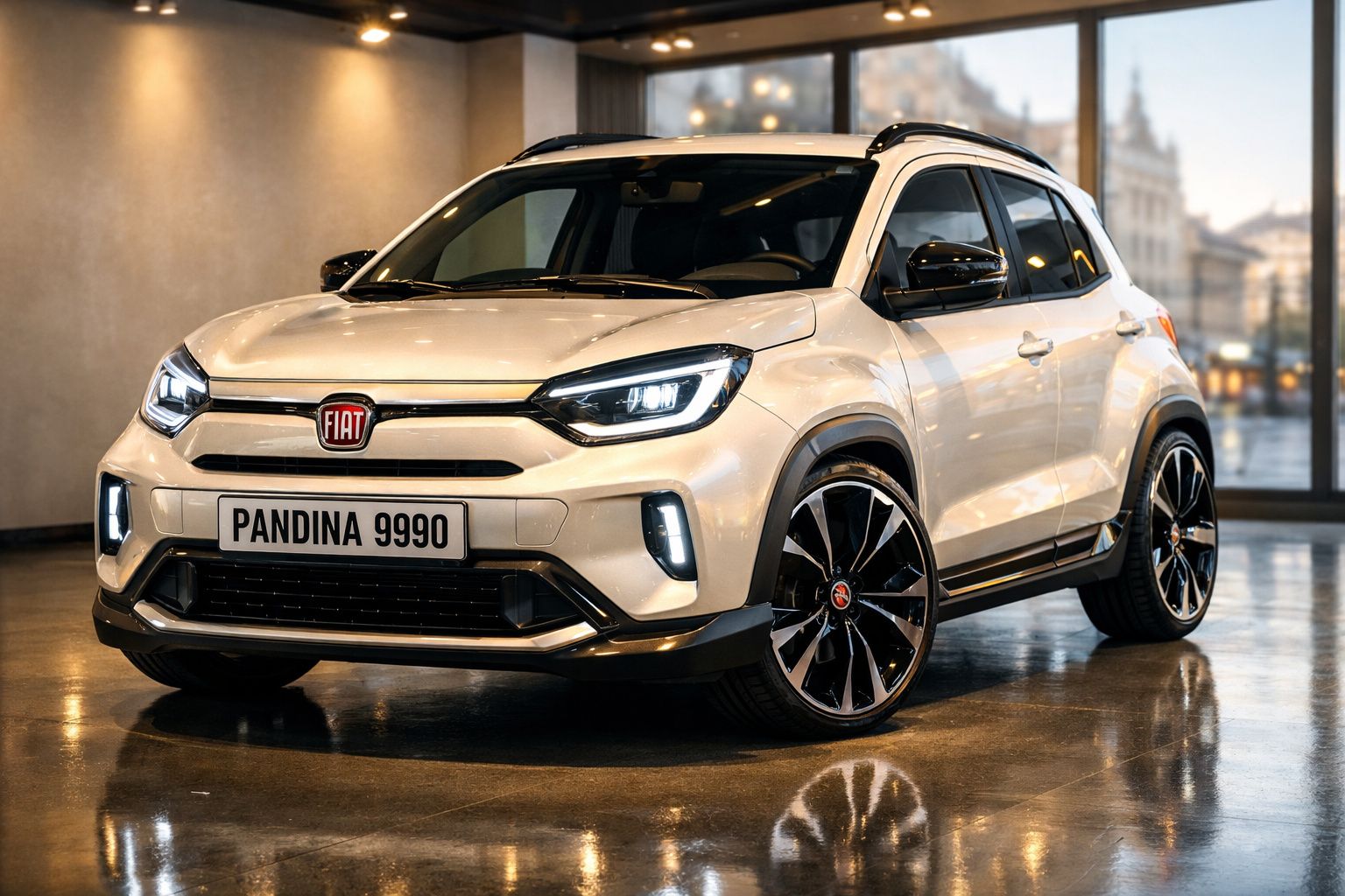 Carro Fiat Panda branco estacionado em piso brilhante com faróis de LED ligados, vista frontal direita.