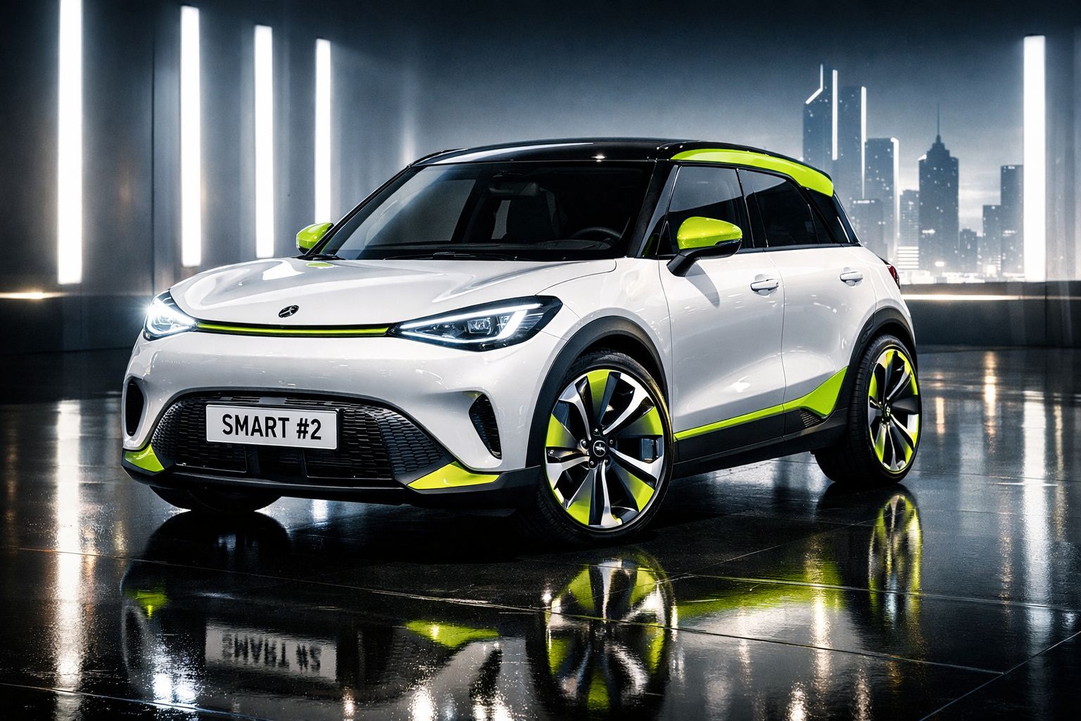 Carro elétrico Smart branco com detalhes verde-neon, em ambiente urbano moderno à noite.