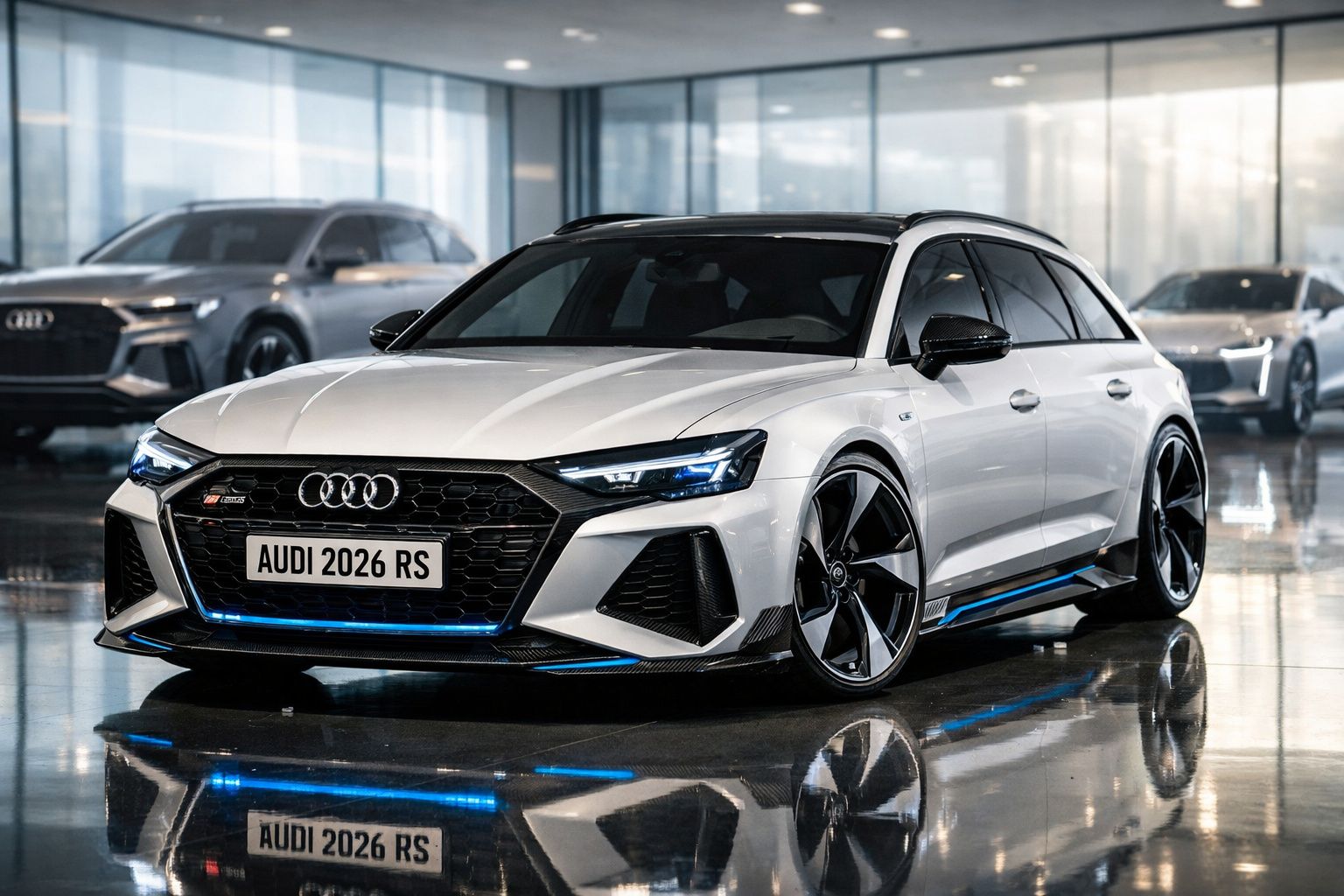 Carro desportivo Audi RS 2026 branco com detalhes em azul numa garagem moderna e iluminada.