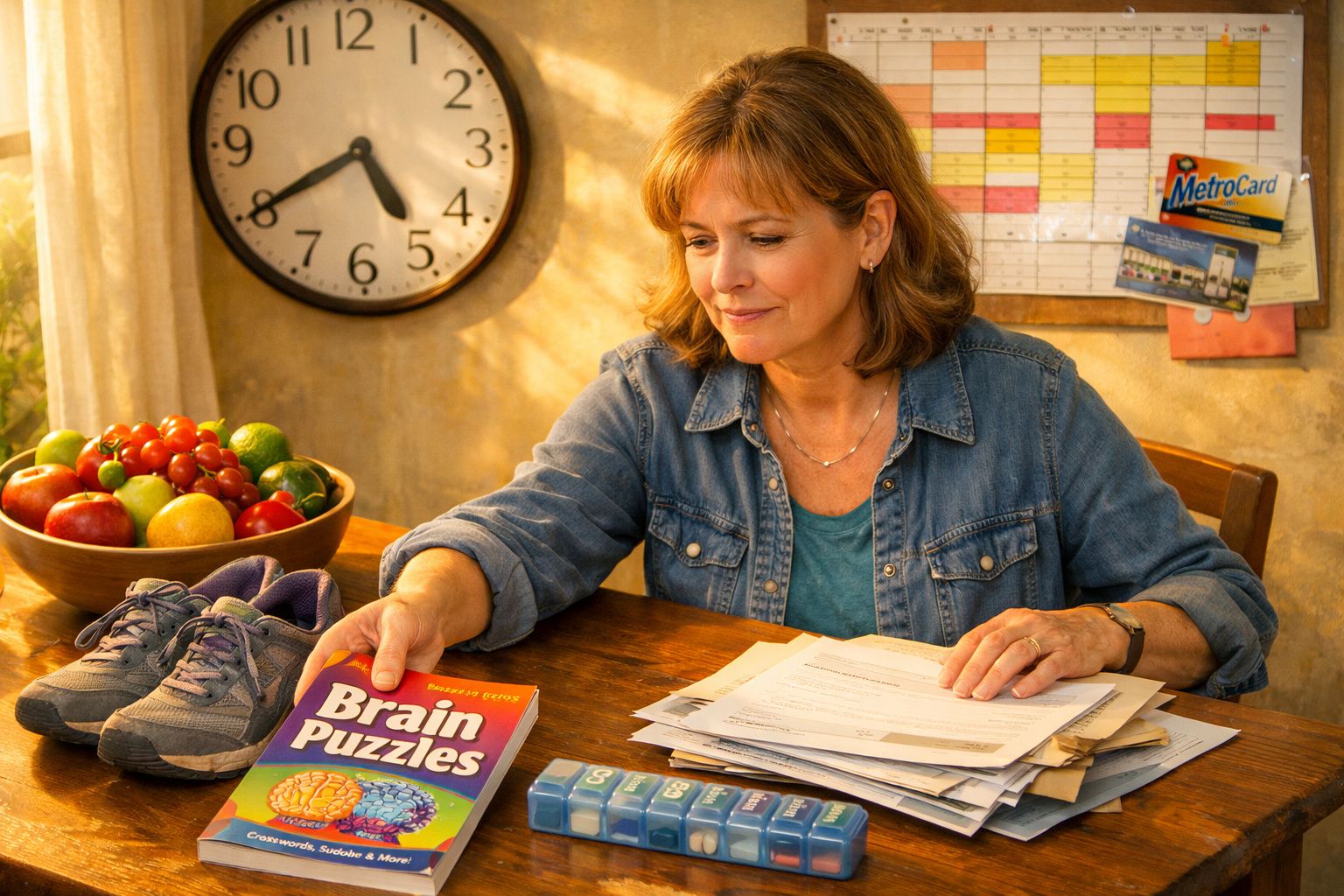 Mulher sentada à mesa manuseando livro de puzzles, rodeada de papéis, frutos e ténis.