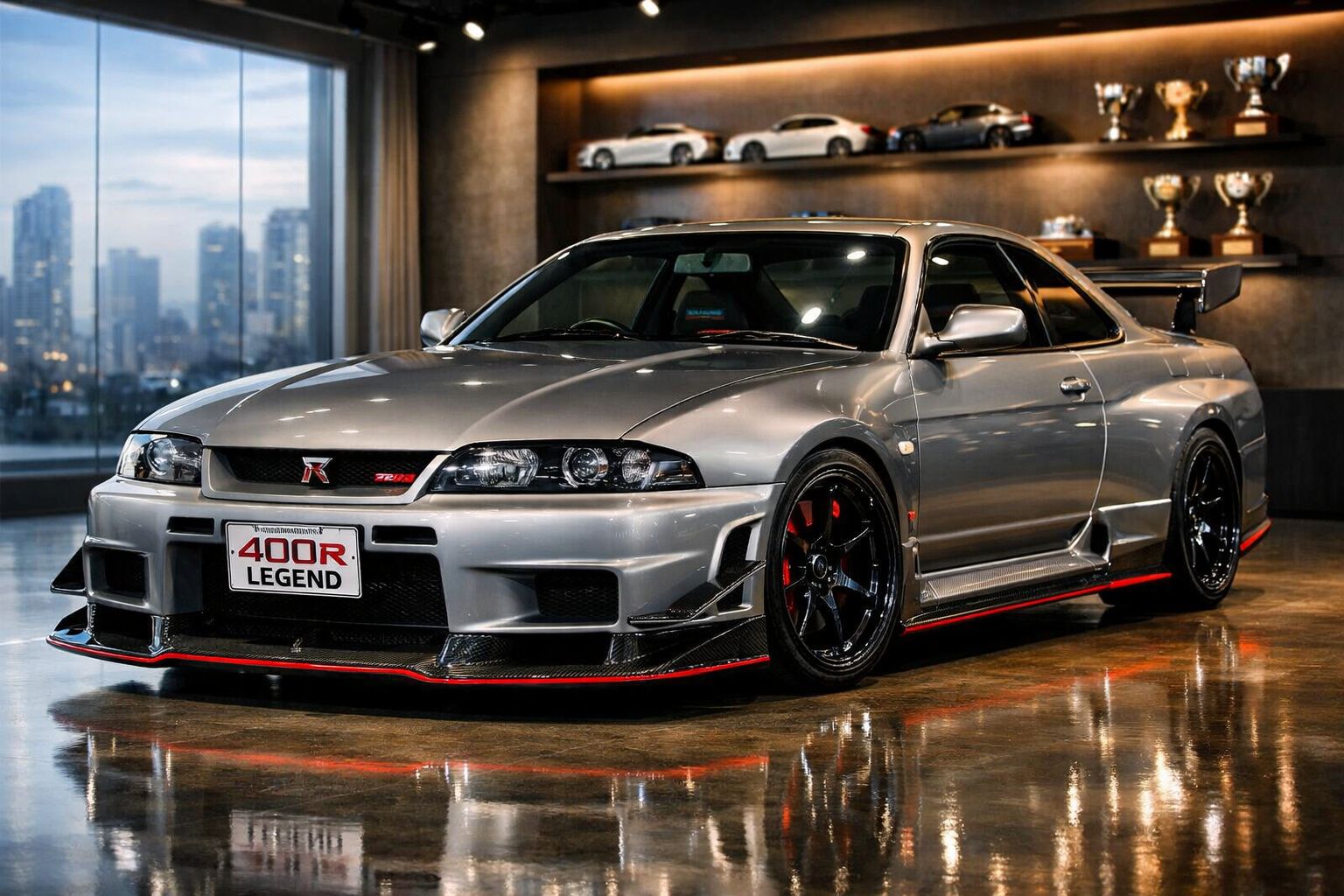 Carro desportivo Nissan Skyline GT-R R33 cinzento estacionado em interior com prateleiras de troféus ao fundo.