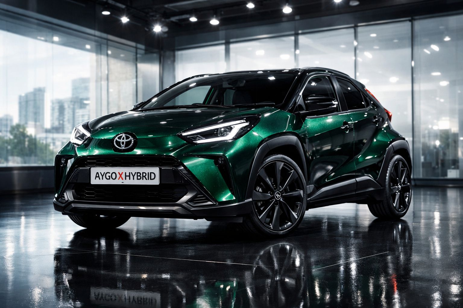 Carro Toyota Aygo X Hybrid verde metálico estacionado em ambiente moderno e reflexivo.