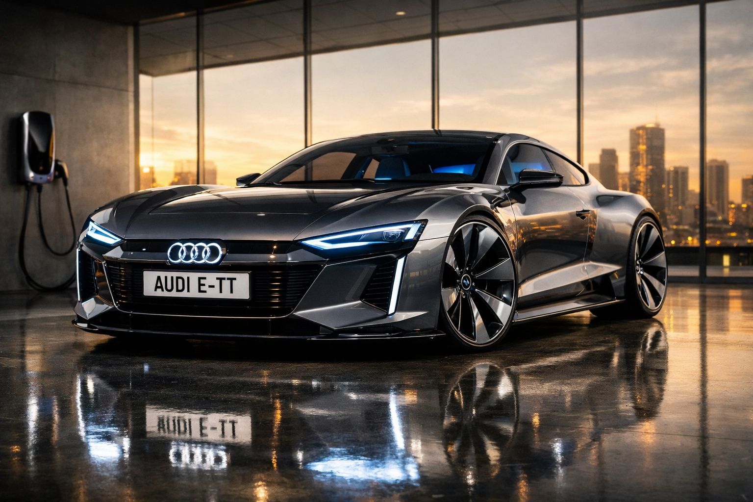 Carro elétrico Audi E-TT cinzento, estacionado em garagem moderna com vista urbana ao pôr do sol.