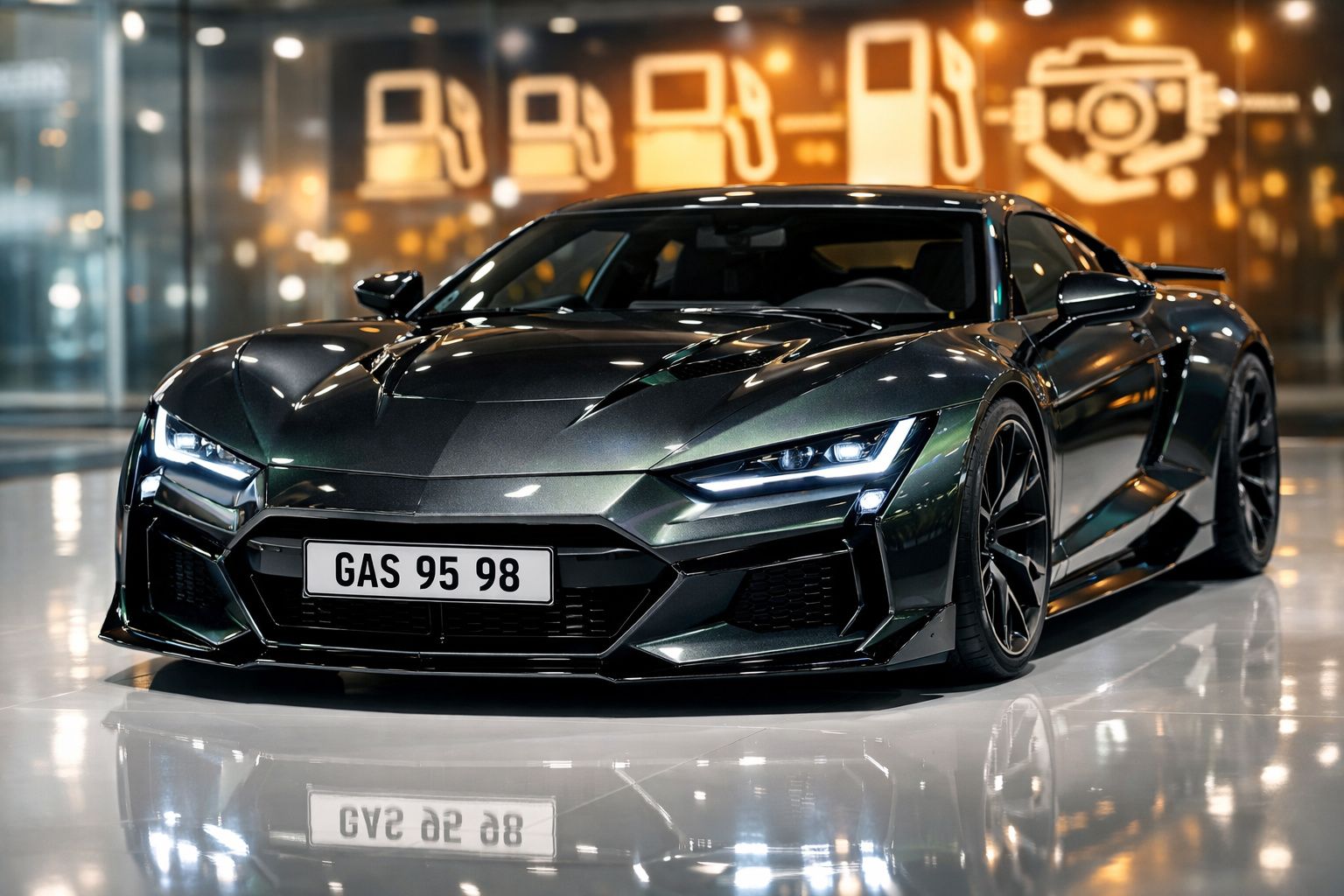 Carro desportivo preto brilhante estacionado em interior com luzes refletidas no chão polido.