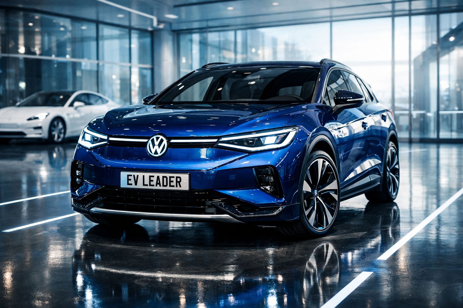 Carro elétrico Volkswagen azul estacionado numa garagem moderna com chão refletor e iluminação natural.