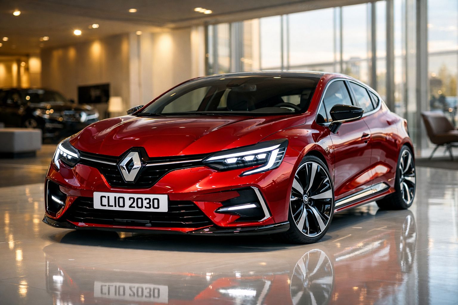 Carro desportivo Renault Clio vermelho brilhante em exposição num showroom moderno.