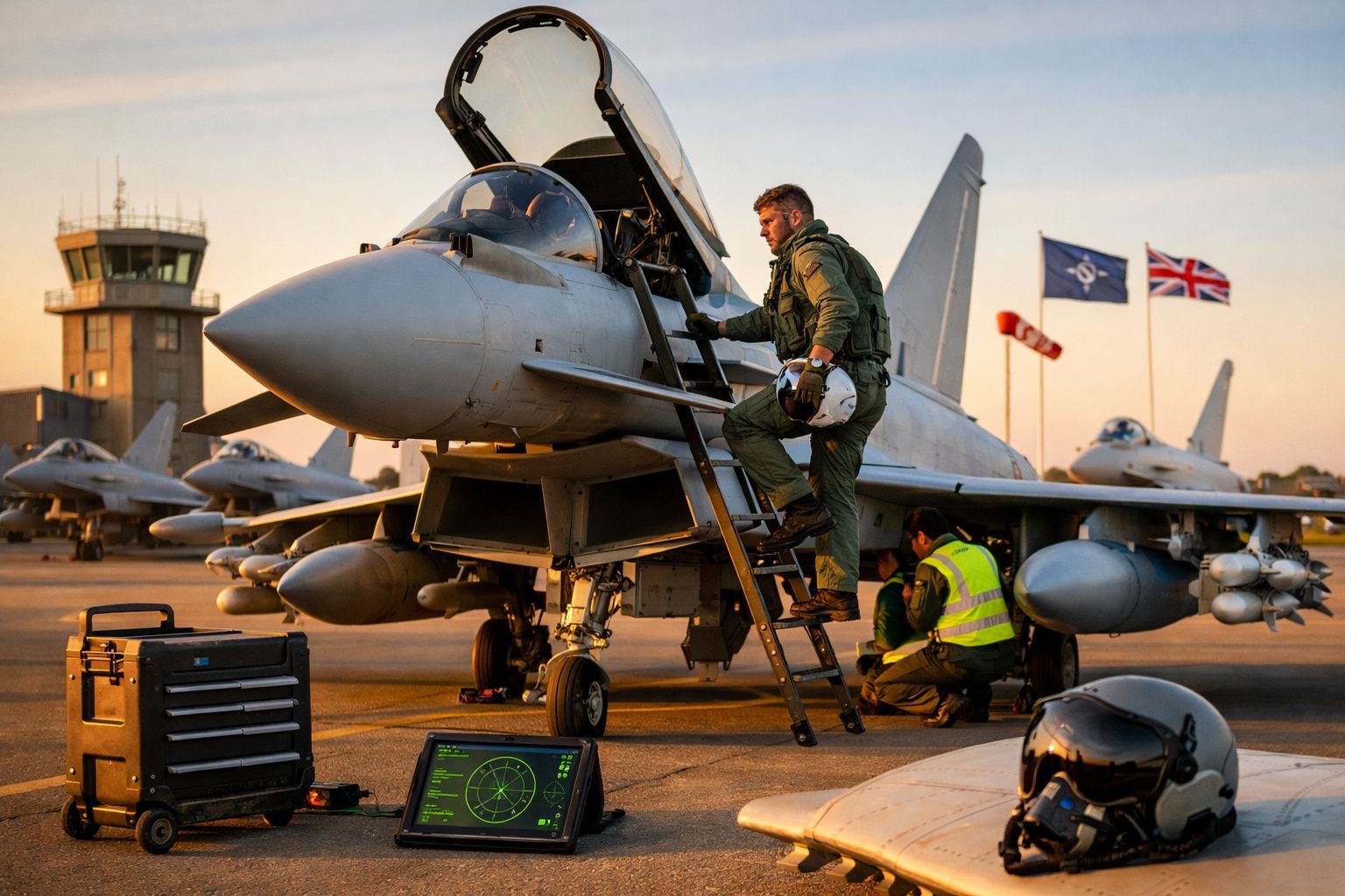 Piloto sobe escada de jato militar na pista, com técnicos e equipamentos ao redor, ao pôr do sol.