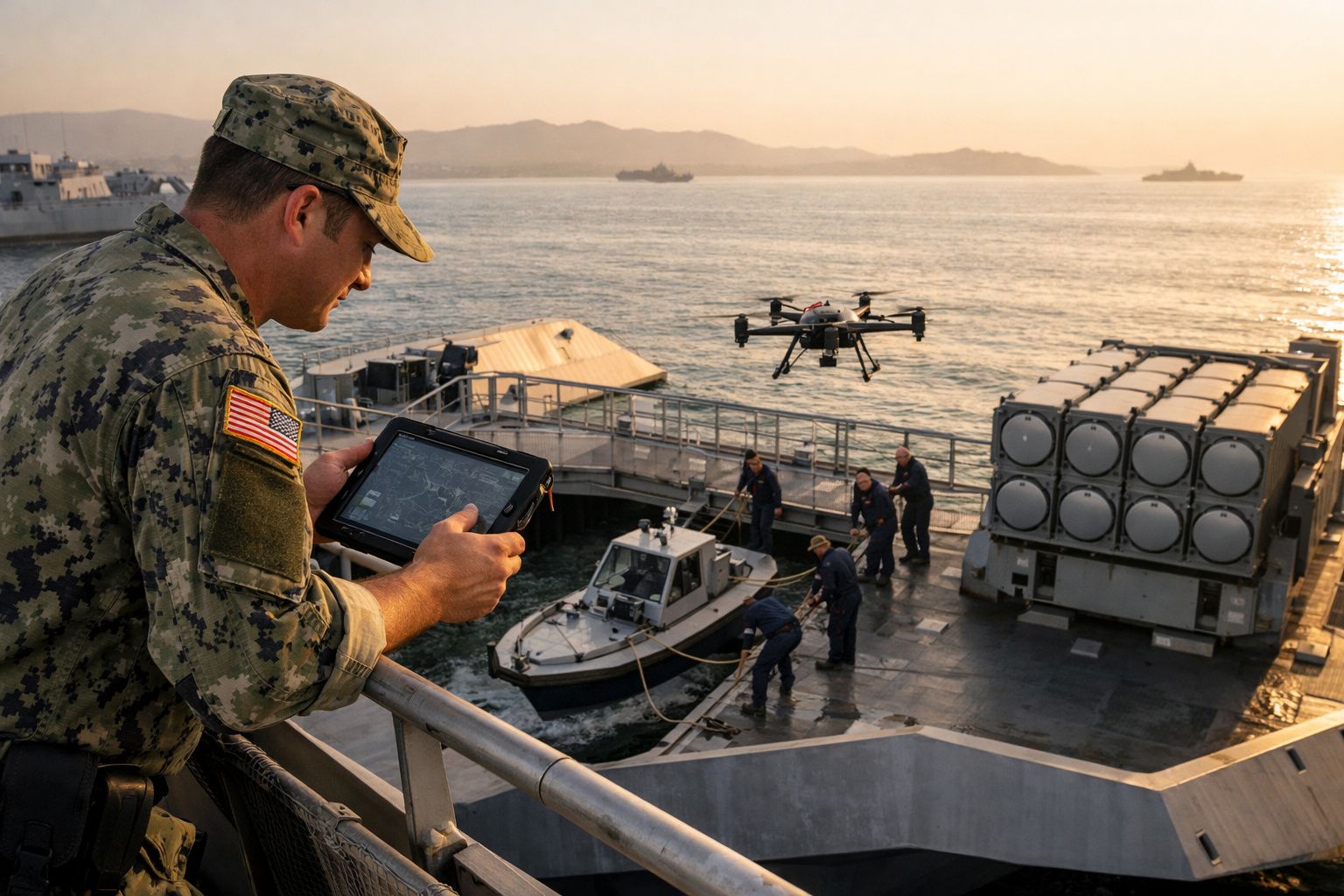 Militar a controlar um drone com tablet a bordo de um navio militar ao pôr do sol no mar.