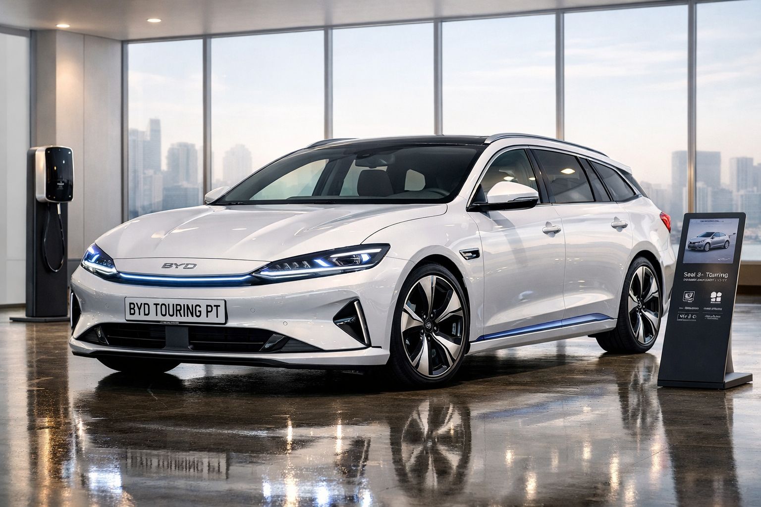 Carro elétrico BYD Touring PT branco estacionado em salão com carregador e expositor ao lado.