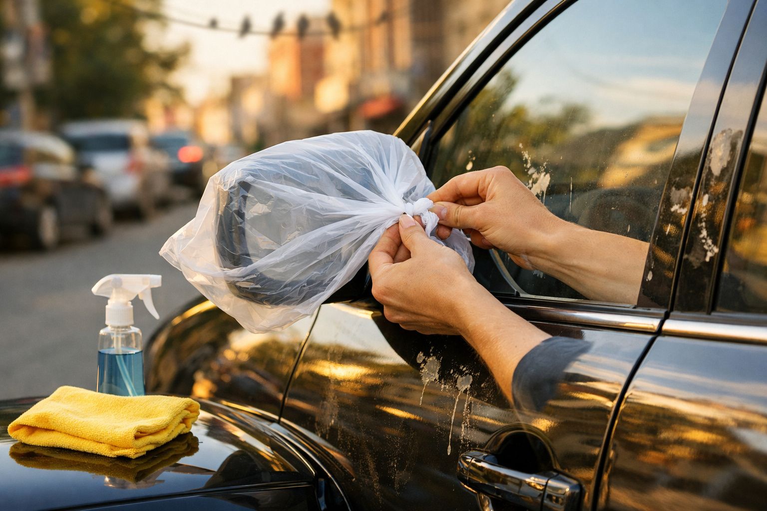 Pessoa a proteger com plástico e atar o espelho retrovisor de um carro preto, com pano amarelo e spray de limpeza no capô.