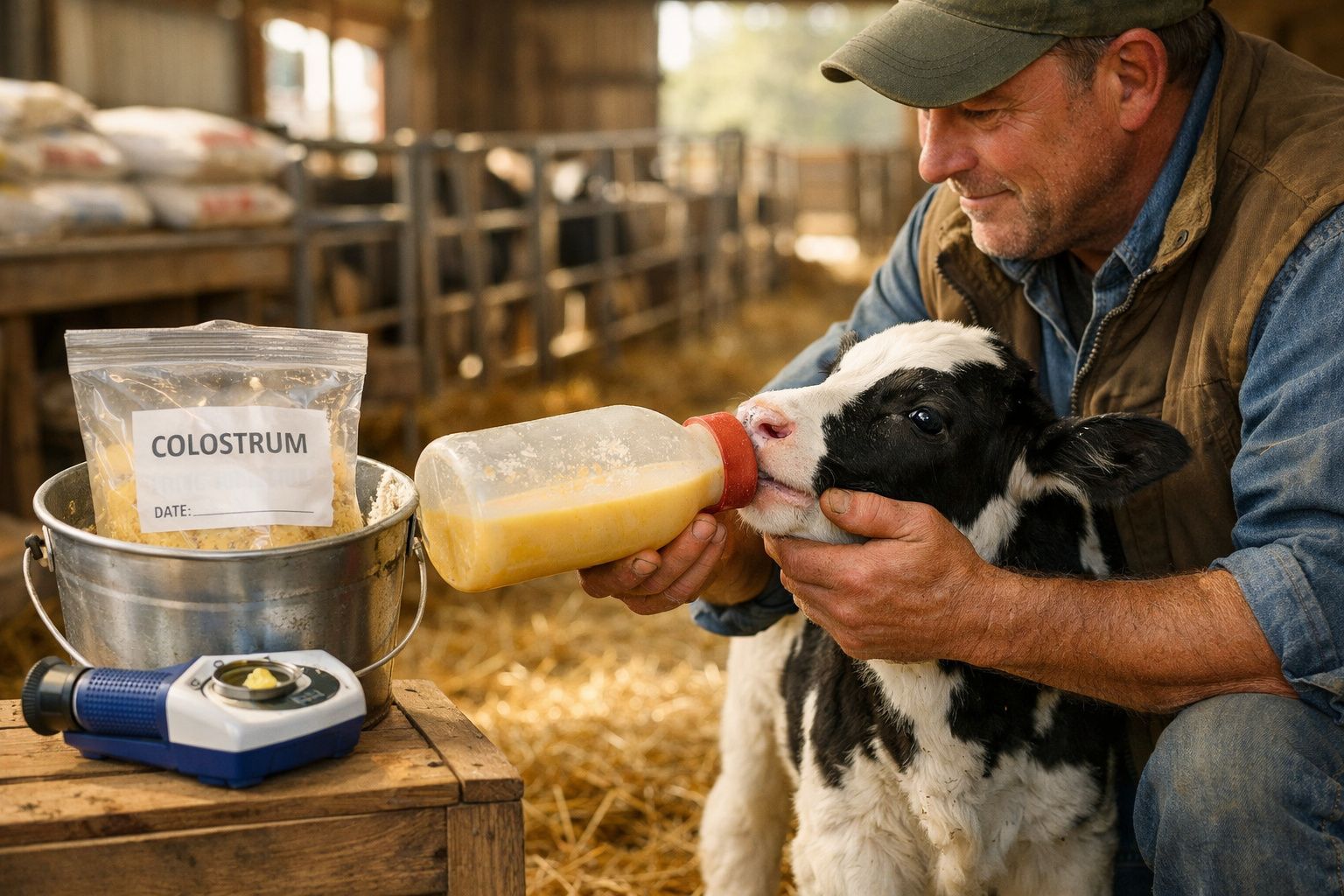 Agricultor alimenta bezerro com leite e colostro em saco numa quinta.