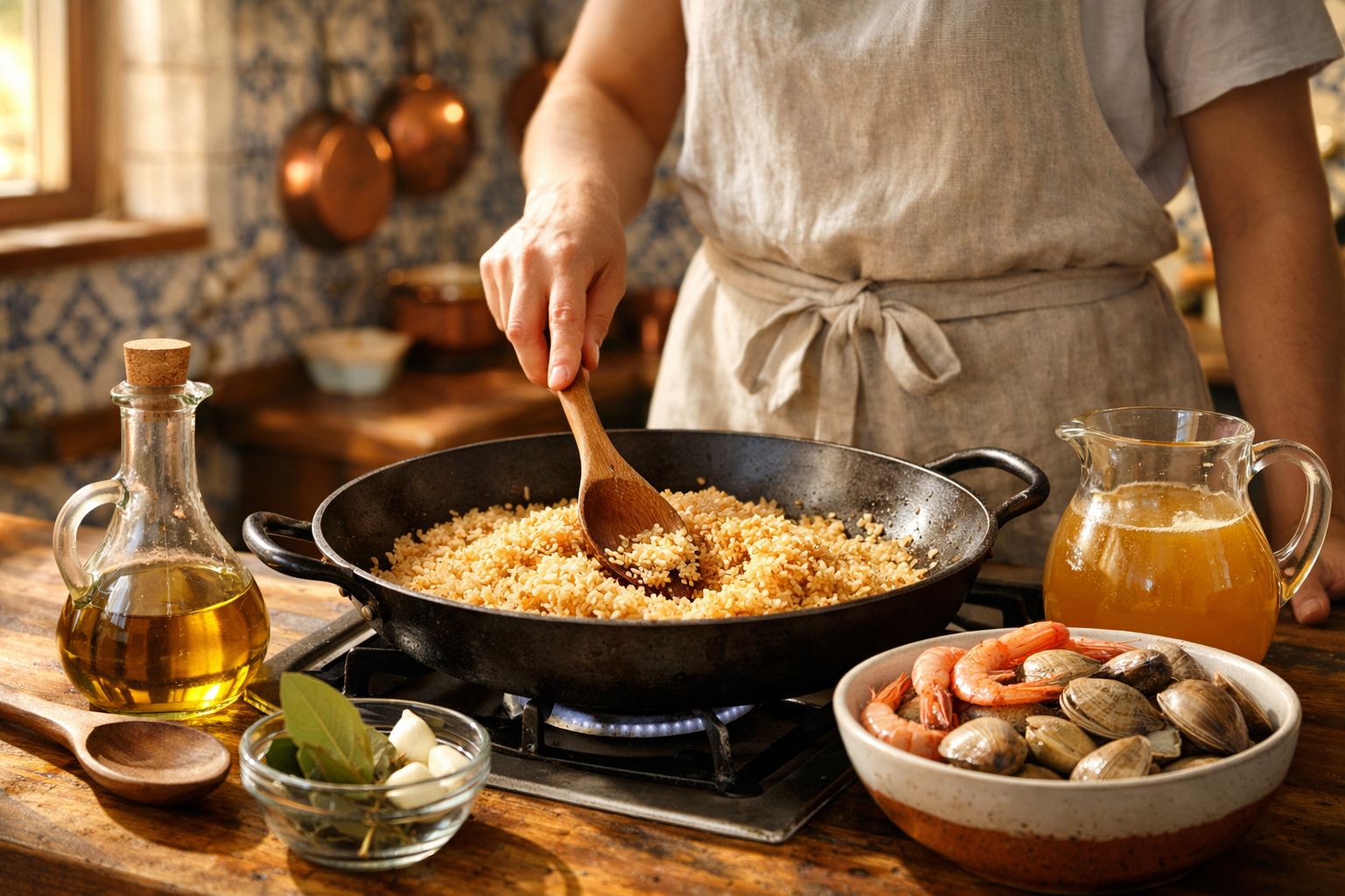 Pessoa a cozinhar arroz numa panela, com marisco, azeite e caldo à volta numa cozinha rustica.