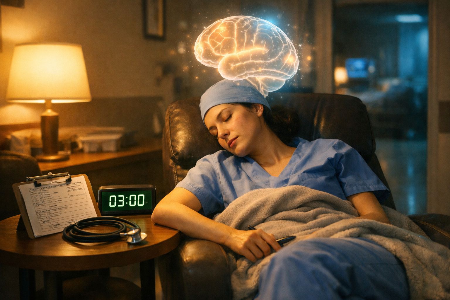 Mulher com pijama hospitalar adormecida numa poltrona, com relógio a mostrar 03:00 e cérebro iluminado em destaque.