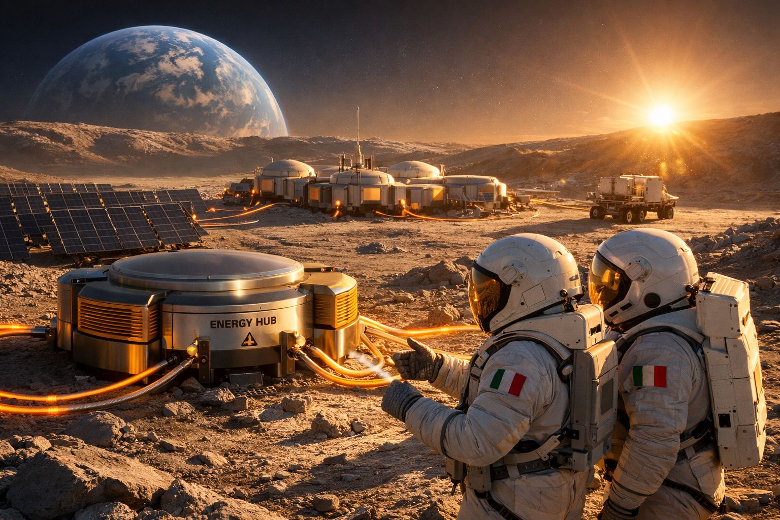 Dois astronautas com bandeiras italianas observam uma base energética futurista numa superfície lunar.