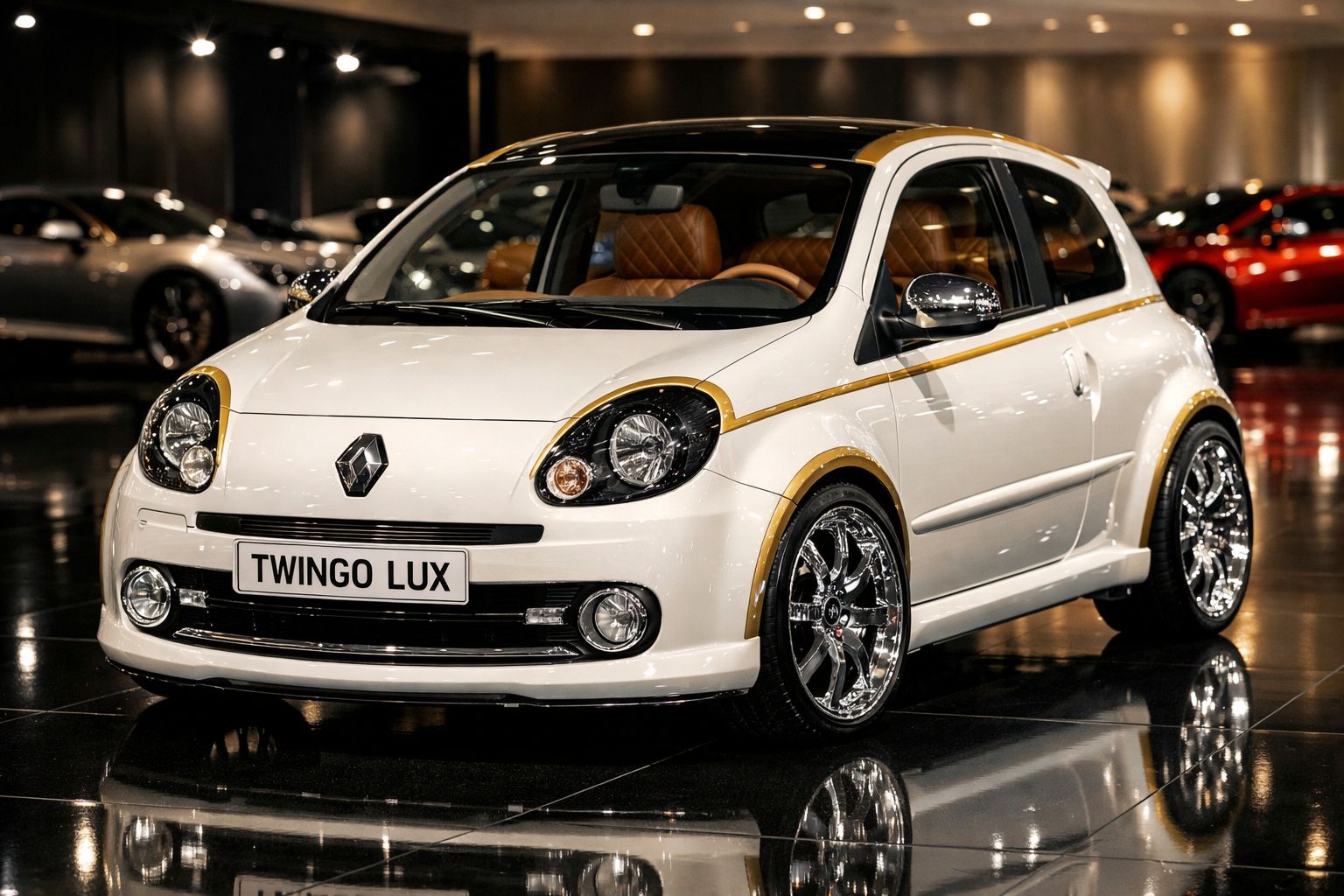 Carro branco Renault Twingo Lux com detalhes dourados e rodas cromadas em exposição interior.