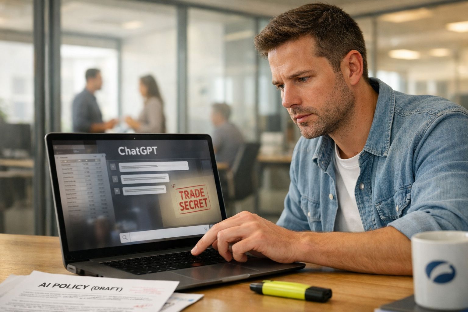 Homem concentrado a utilizar computador portátil com mensagem "Trade Secret" na ecrã do ChatGPT.