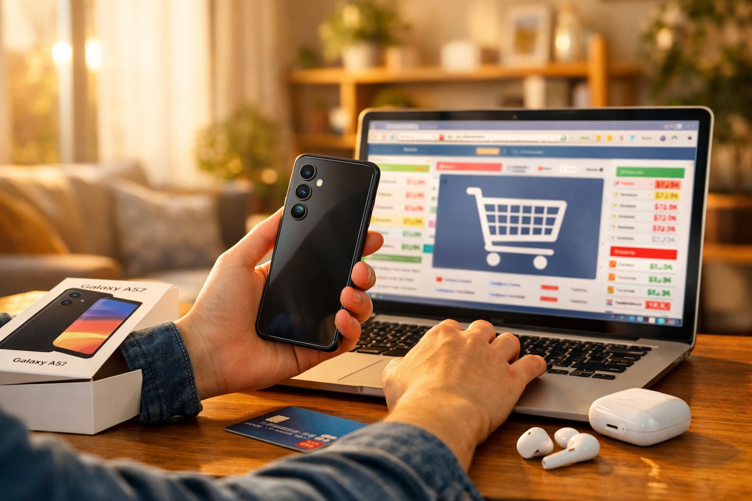 Pessoa a fazer compras online no portátil segurando um telemóvel preto Galaxy A53 na mão.