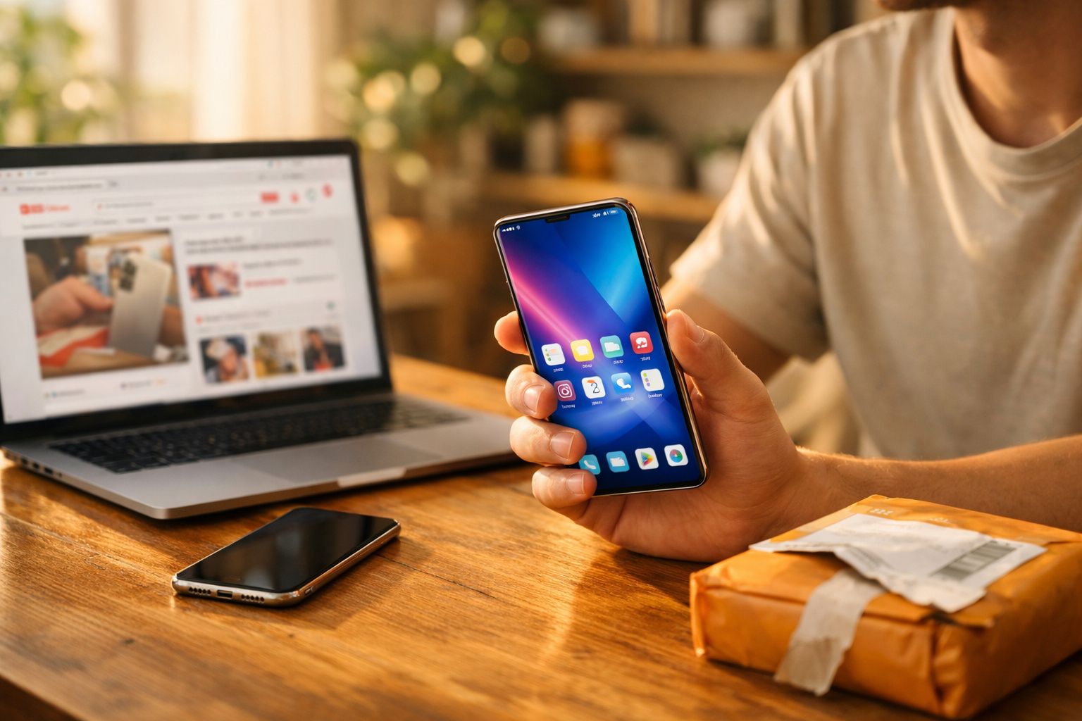 Pessoa a segurar um telemóvel com ecrã ligado, ao lado de um computador portátil e uma encomenda numa mesa de madeira.