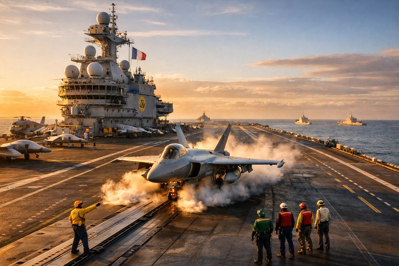 Caça a jato na plataforma de um porta-aviões ao pôr do sol com tripulantes a observar e navios ao fundo.