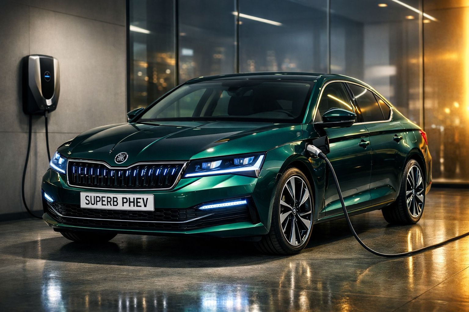 Automóvel elétrico verde Škoda Superb PHEV a carregar numa estação de carregamento interior.